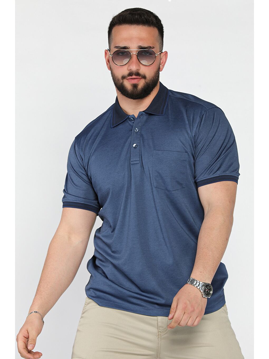 Lacivert Yarım Düğmeli Polo Yaka Cepli Erkek Tişört