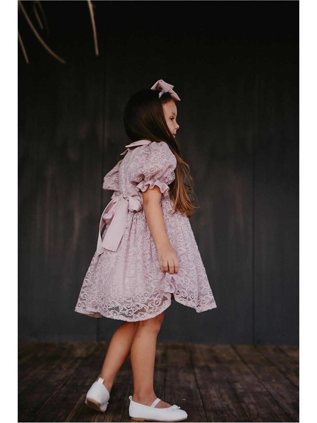 Lila Dantel Detaylı Kabarık Kollu Kız Çocuk Özel Kısa Elbise_M2449-3