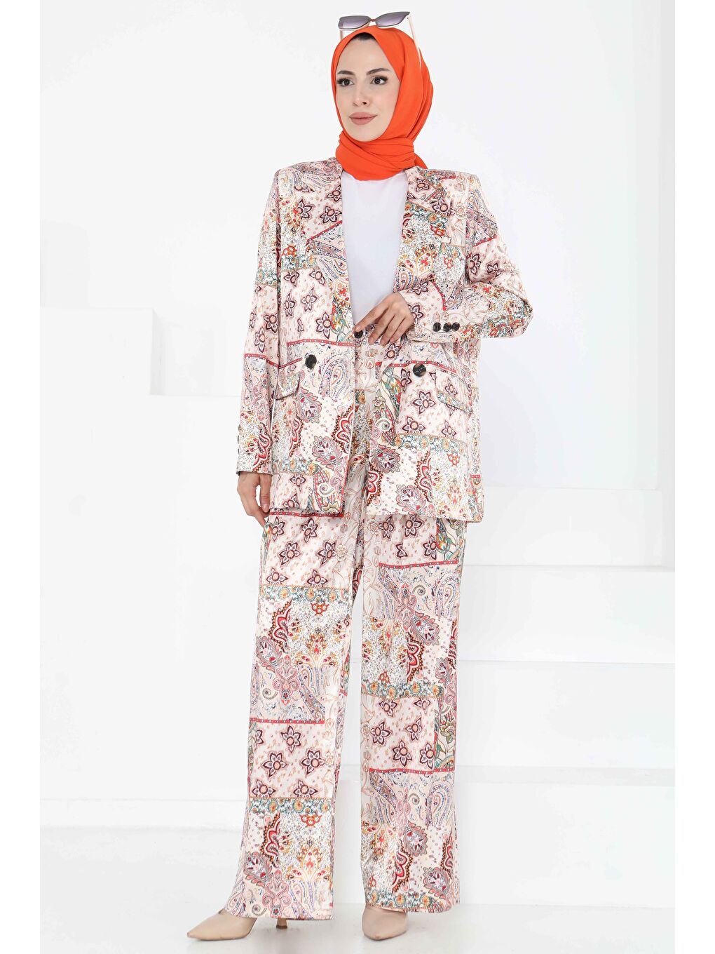 Etnik Desen Ceket Pantolon Takım Bej - 27251-4