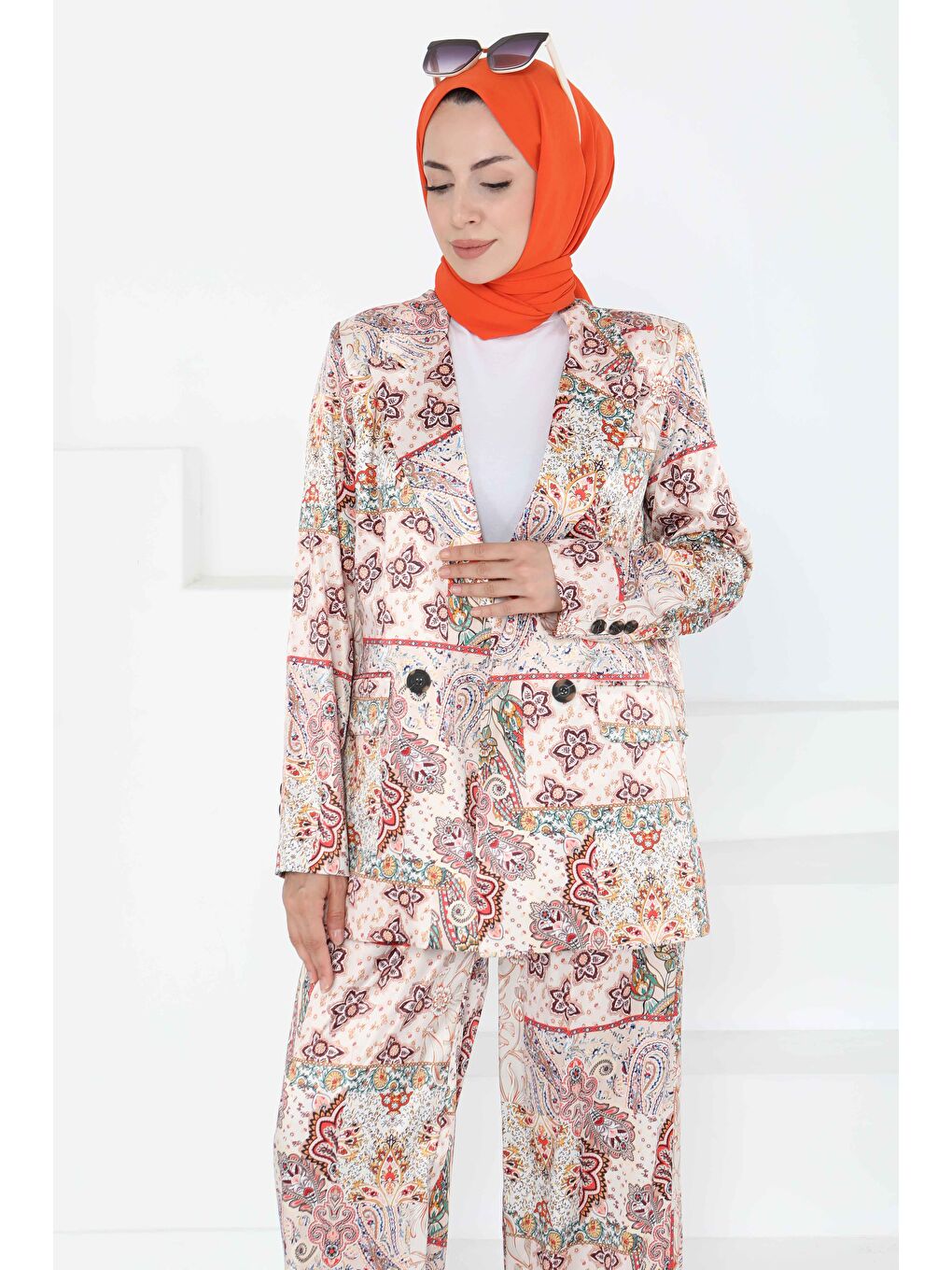 Etnik Desen Ceket Pantolon Takım Bej - 27251-5