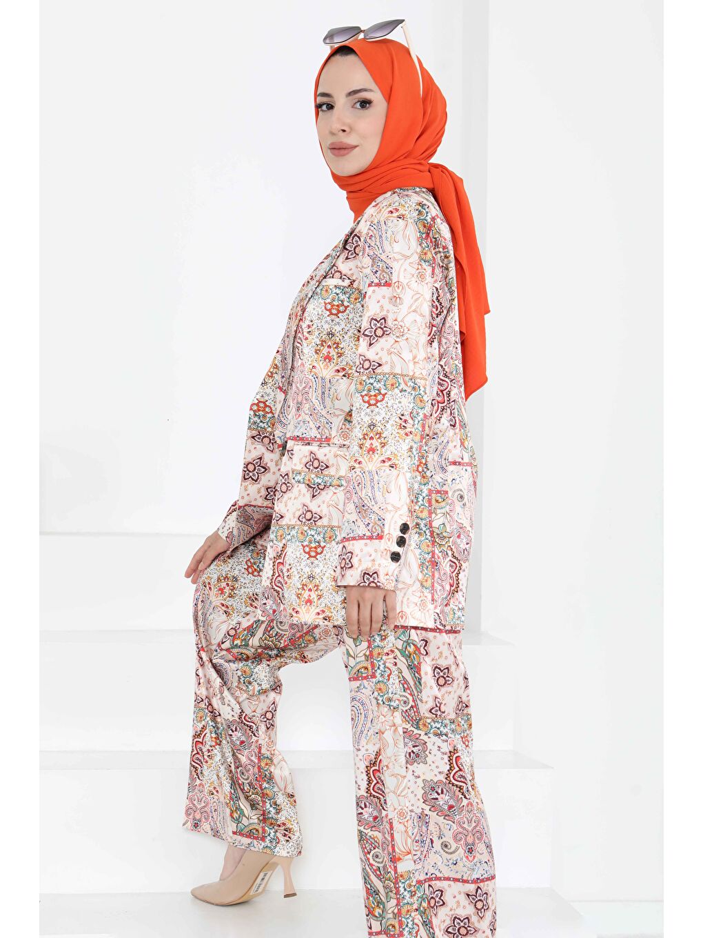 Etnik Desen Ceket Pantolon Takım Bej - 27251-7
