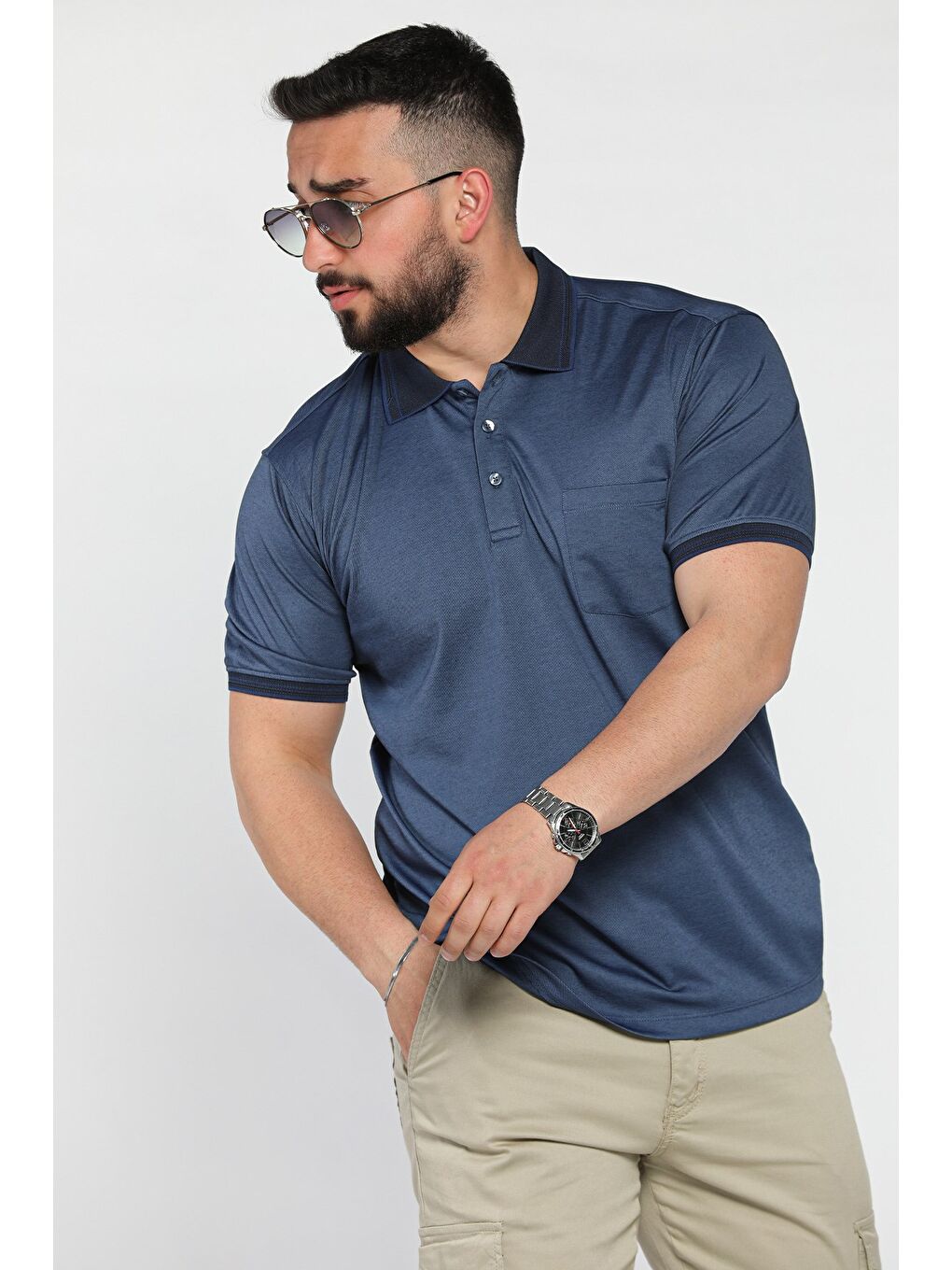 Lacivert Yarım Düğmeli Polo Yaka Cepli Erkek Tişört-1