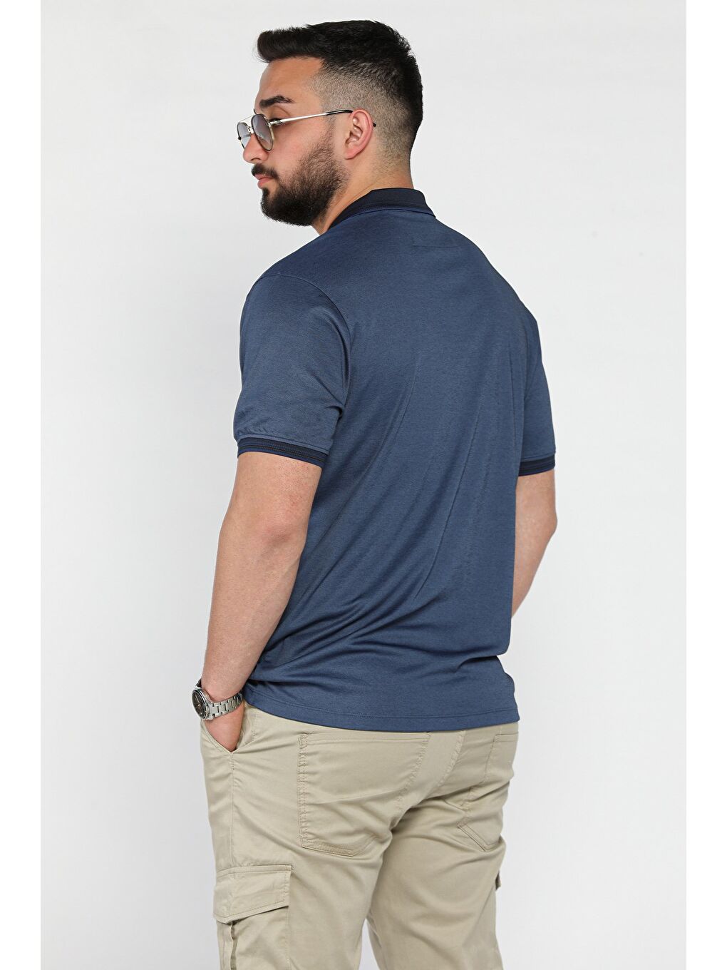 Lacivert Yarım Düğmeli Polo Yaka Cepli Erkek Tişört-2