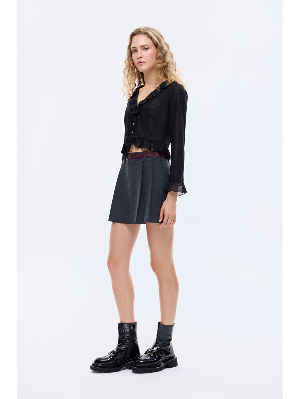 Şerit Bel Detaylı Pileli Mini Şort Etek Antrasit-2