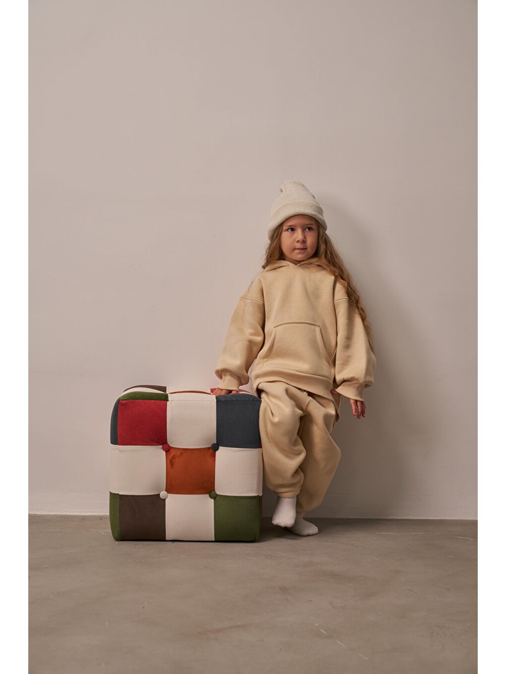 Bej Çocuk Kanguru Cepli Oversize Eşofman Takımı-6