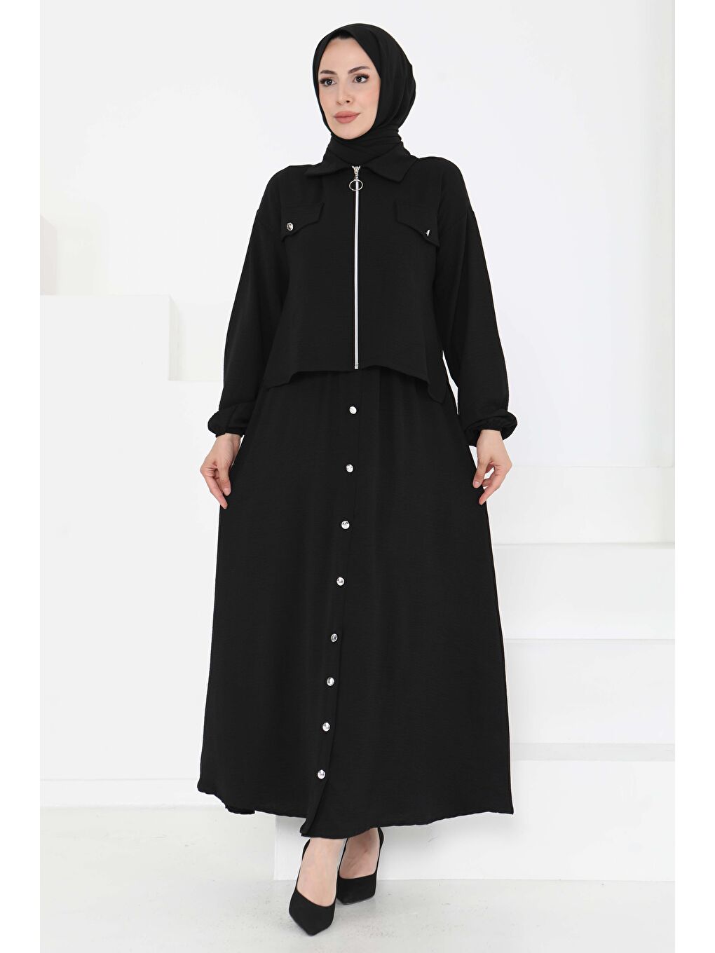 Fermuar Detay Elbise Takım Siyah - 27178