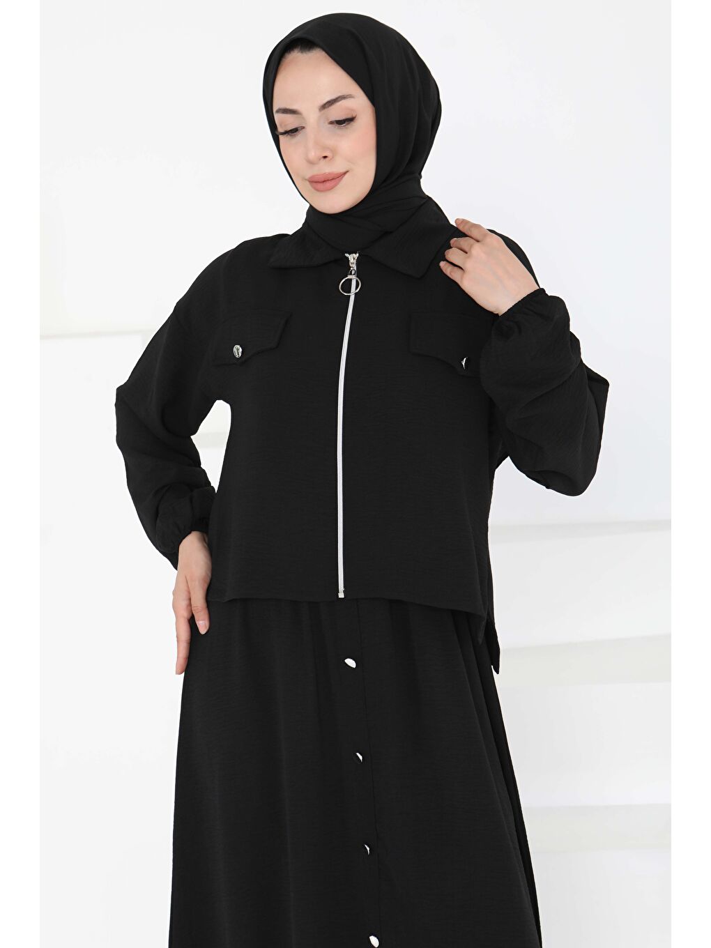 Fermuar Detay Elbise Takım Siyah - 27178-1