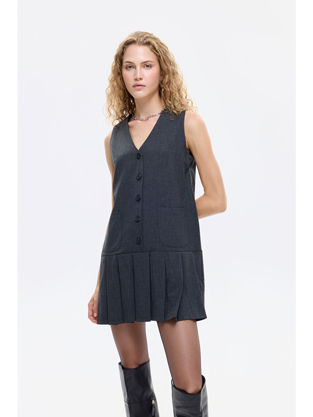 Önü Düğmeli V Yaka Piliseli Mini Elbise Antrasit-2