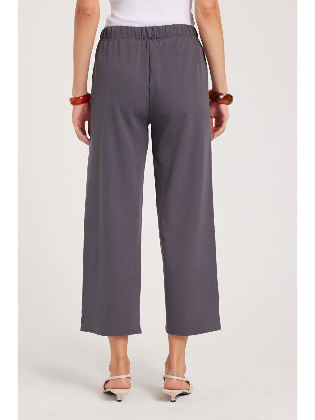 Kadın Relax Fit Rahat Kesim Lastikli Kuşak Bağlamalı Geniş Paça Antrasit Pantolon-6