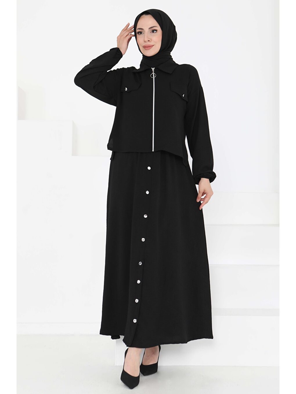 Fermuar Detay Elbise Takım Siyah - 27178-2