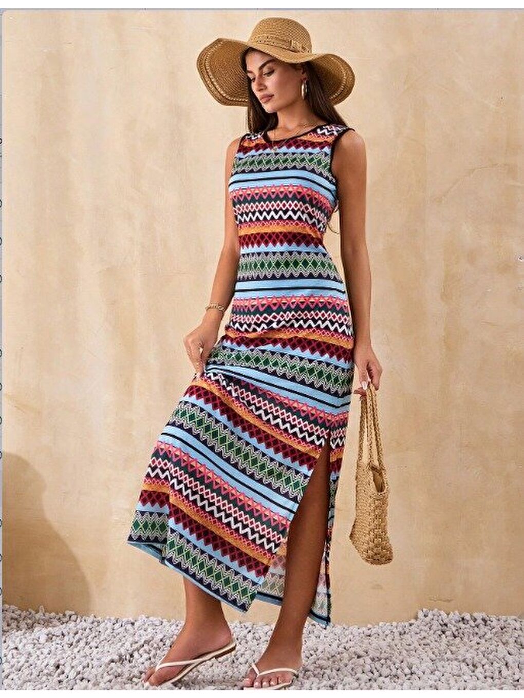 Haki Kadın Bisiklet Yaka Cizgi Desen Süprem Elbise