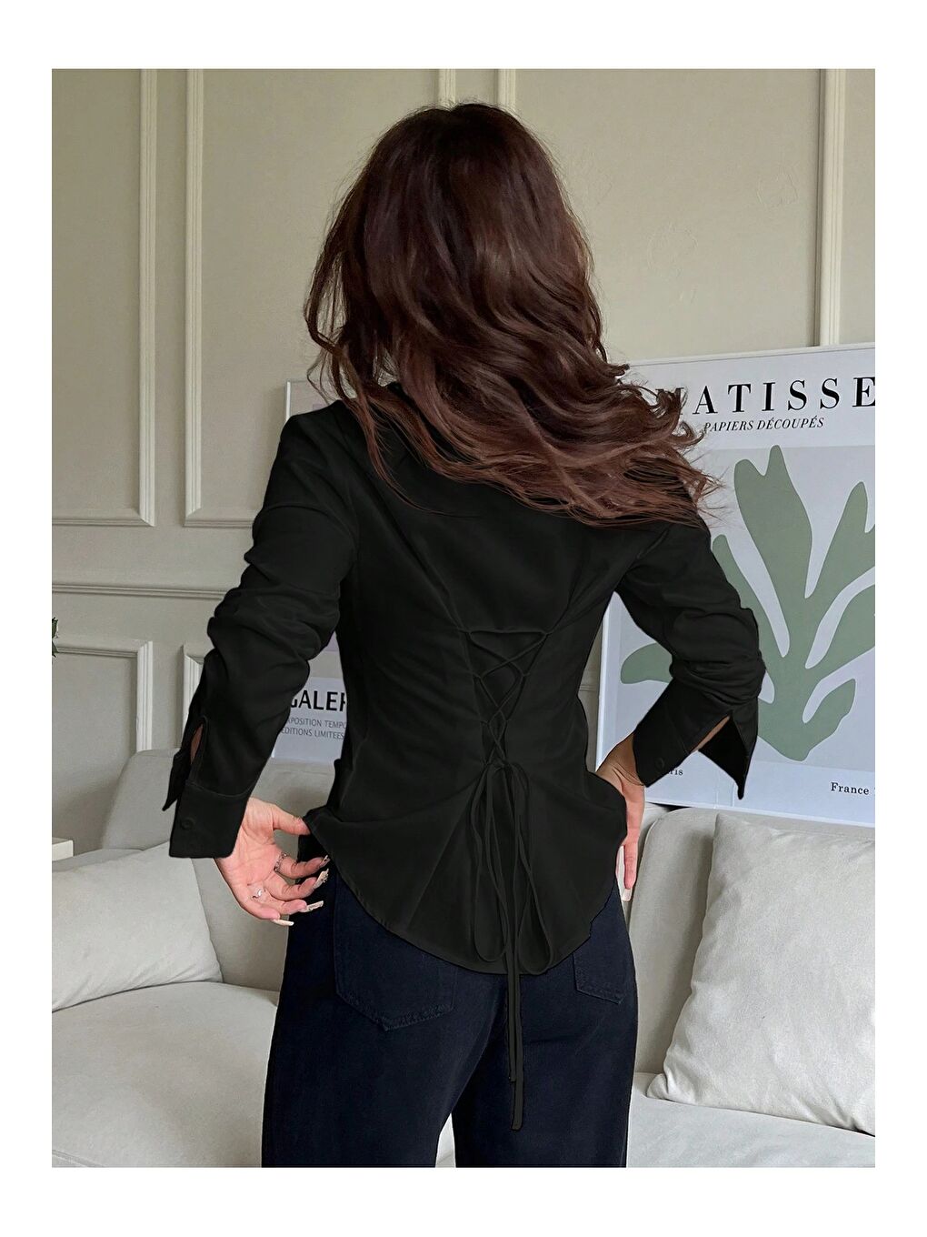 Siyah Kadın Arkası Bağcıklı Gömlek Slim Fit Günlük ve Ofis Kombin Modern Tasarım-2