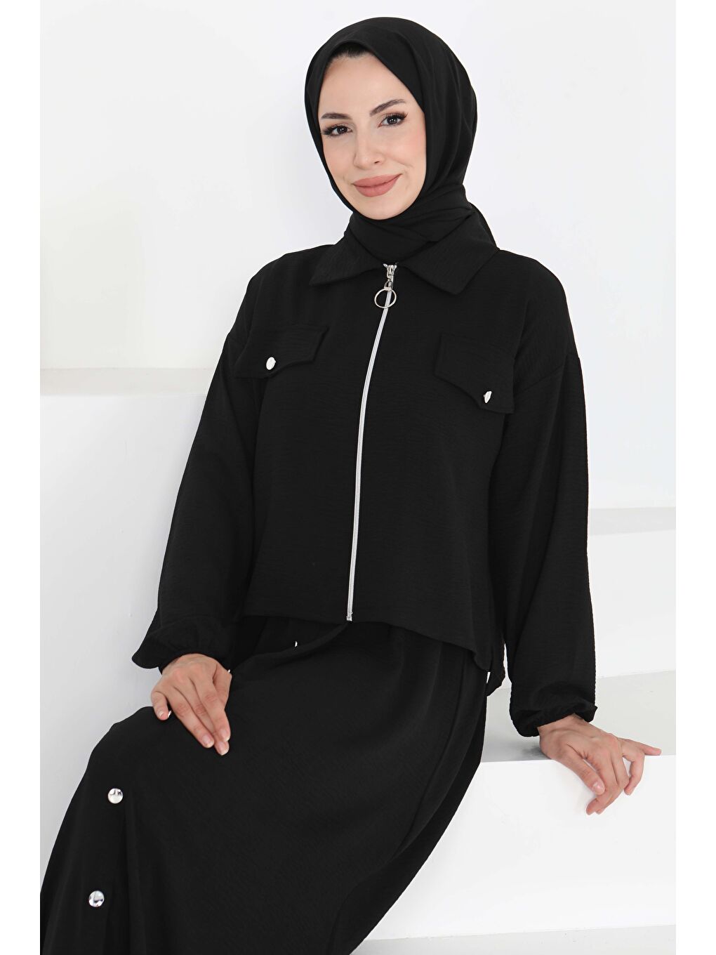 Fermuar Detay Elbise Takım Siyah - 27178-3