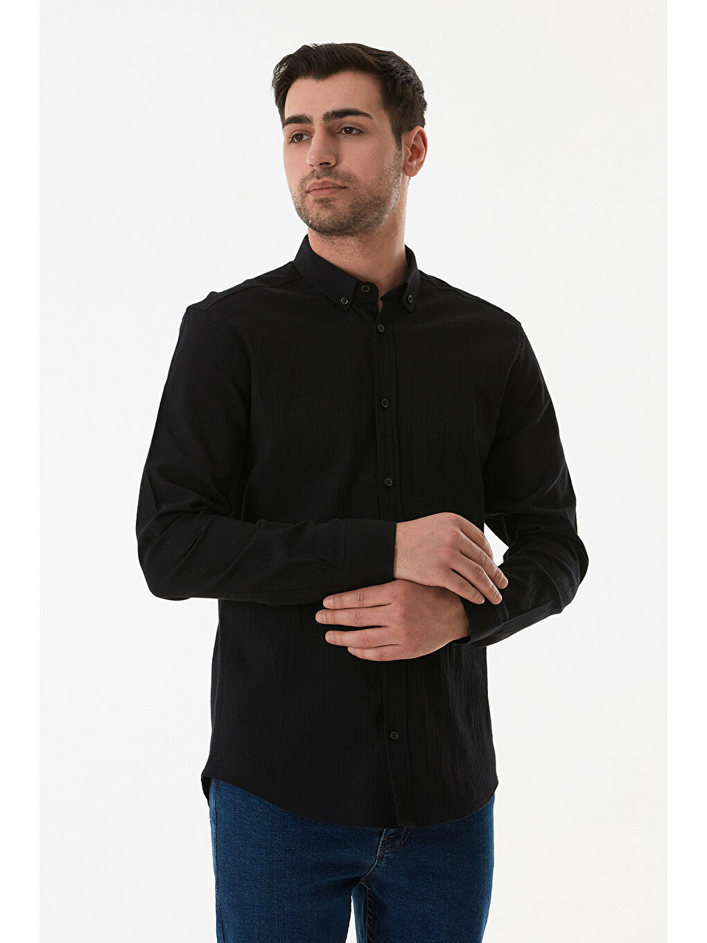 Siyah Krinkıl Kumaş Düğmeli Gömlek-2