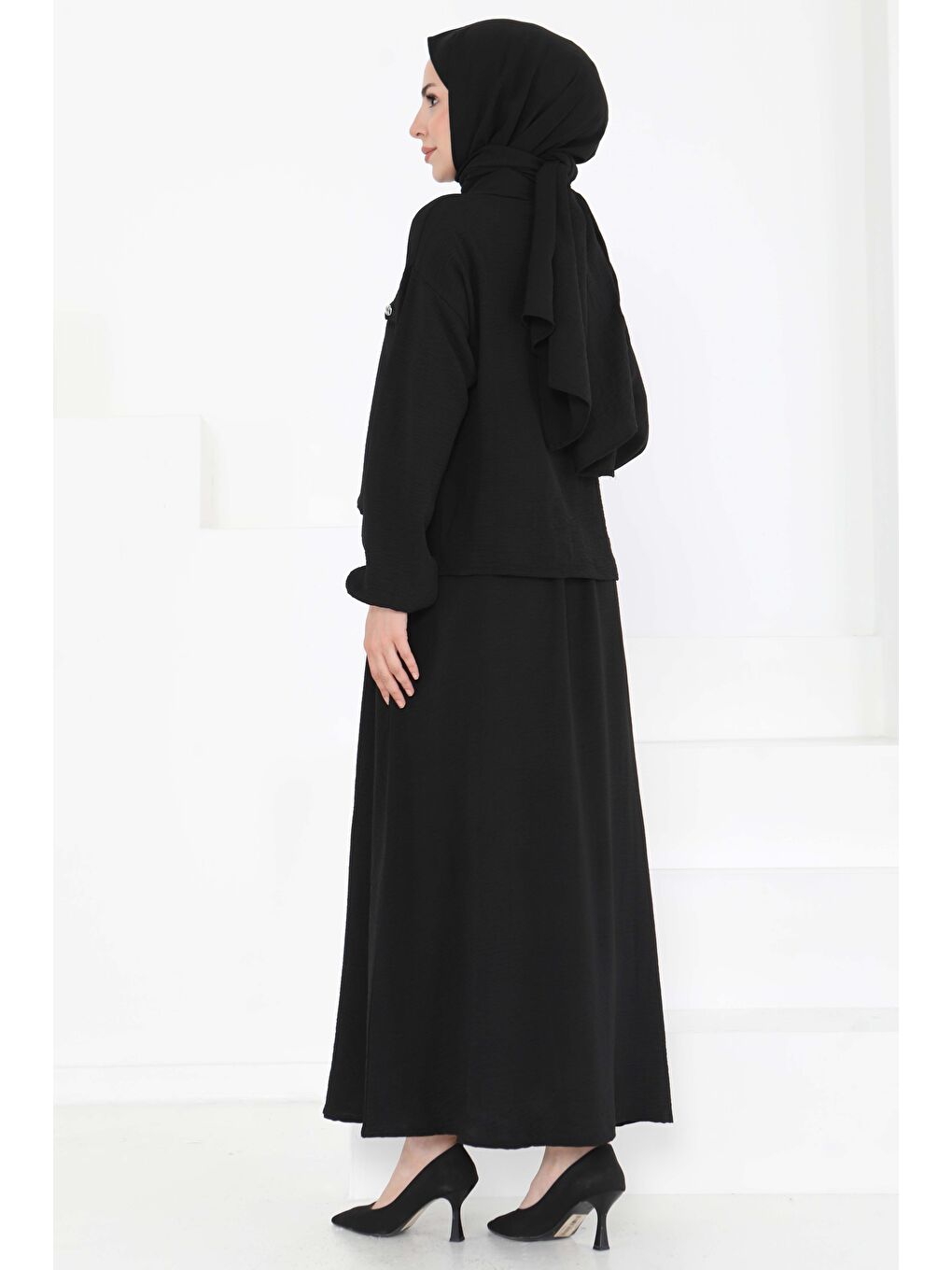 Fermuar Detay Elbise Takım Siyah - 27178-5