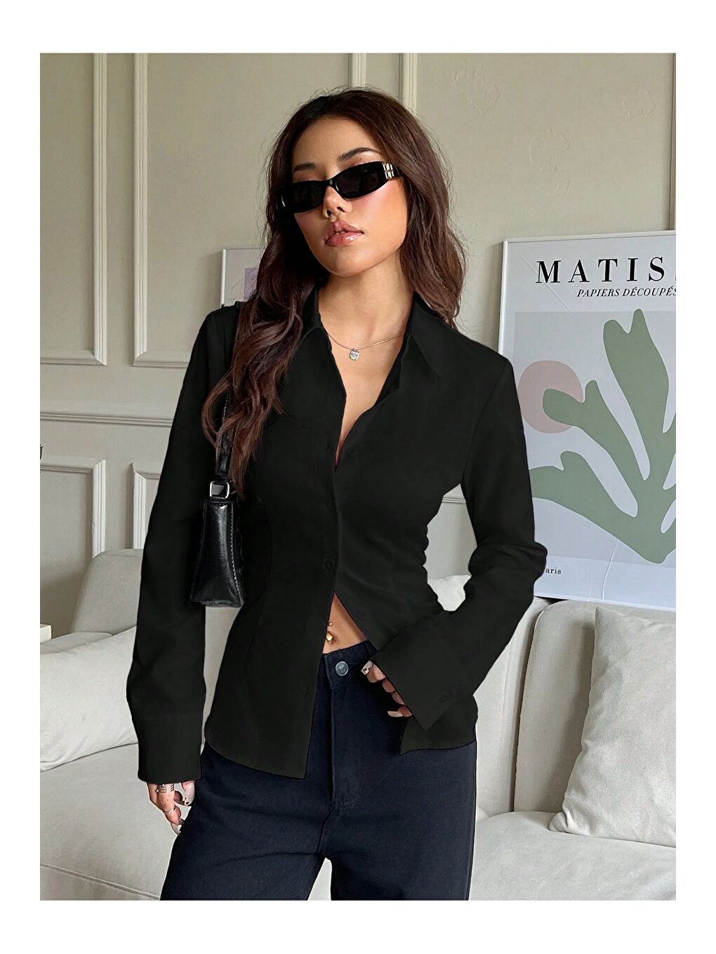 Siyah Kadın Arkası Bağcıklı Gömlek Slim Fit Günlük ve Ofis Kombin Modern Tasarım-3