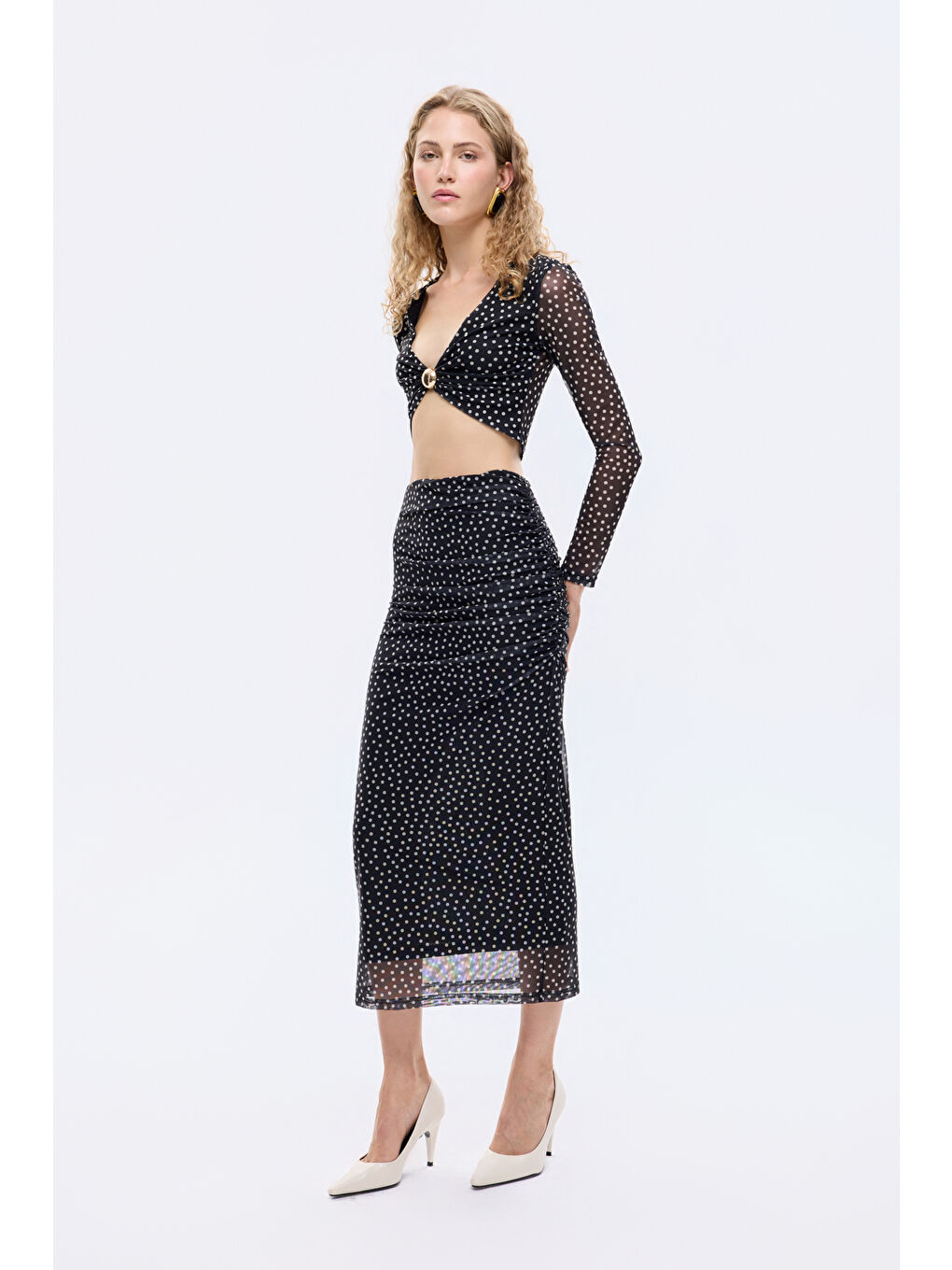 Puantiyeli Drape Detaylı Transparan Midi Etek Siyah