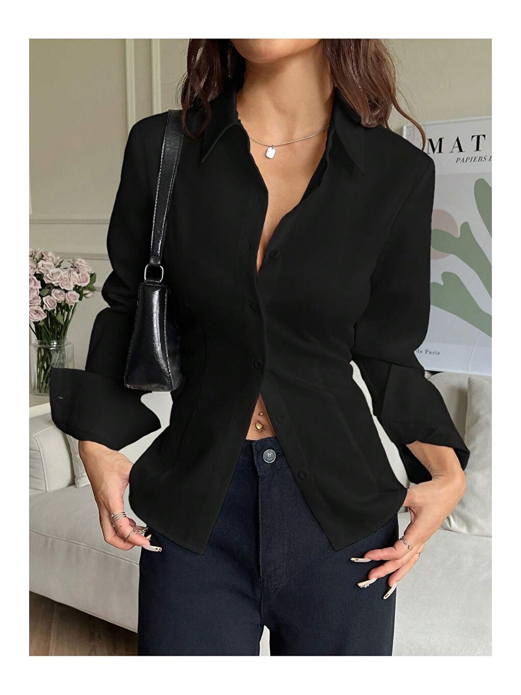 Siyah Kadın Arkası Bağcıklı Gömlek Slim Fit Günlük ve Ofis Kombin Modern Tasarım-4