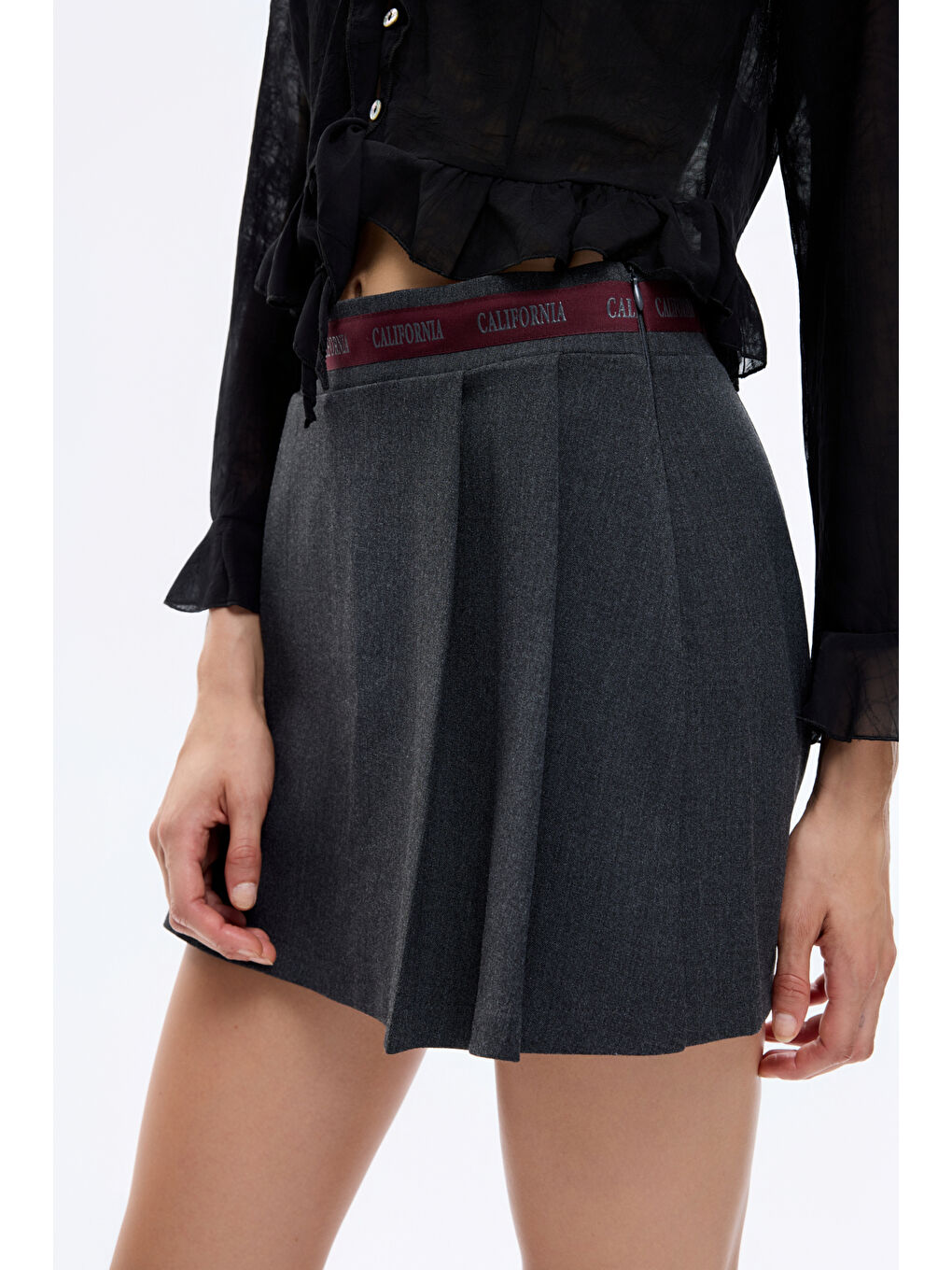 Şerit Bel Detaylı Pileli Mini Şort Etek Antrasit-3