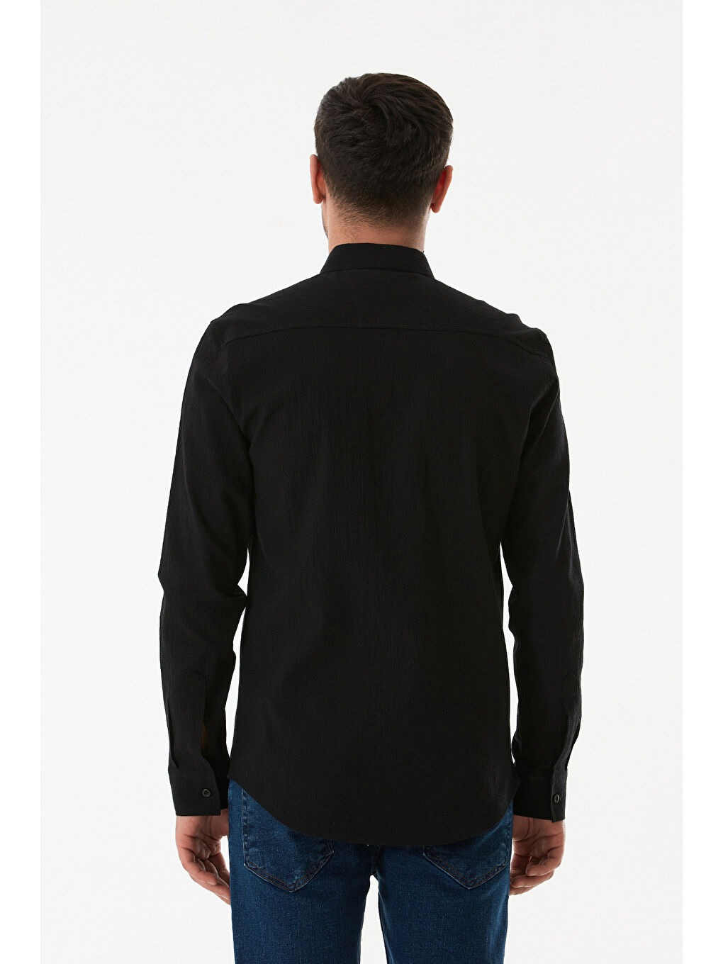 Siyah Krinkıl Kumaş Düğmeli Gömlek-3