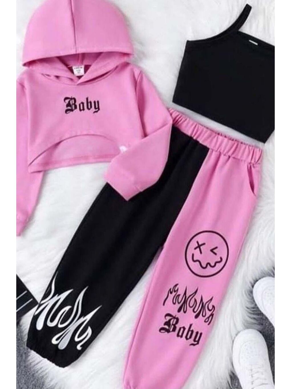 Kız Çocuk Kapüşonlu 3 İplik Baby Baskılı Pembe Eşofman Takım