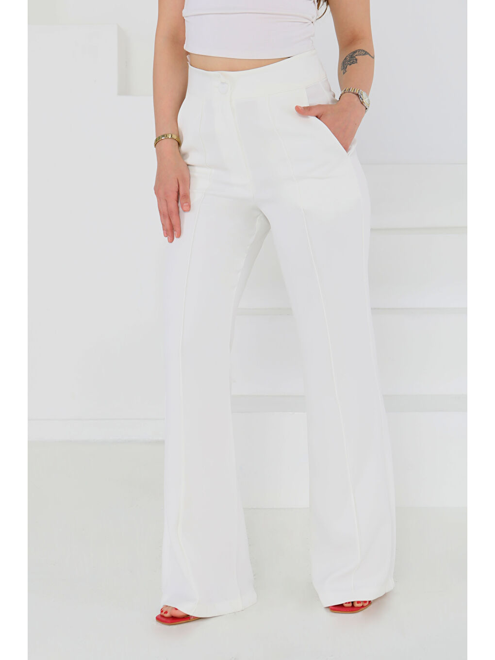 Çımalı Kumaş Pantolon Beyaz - 27247