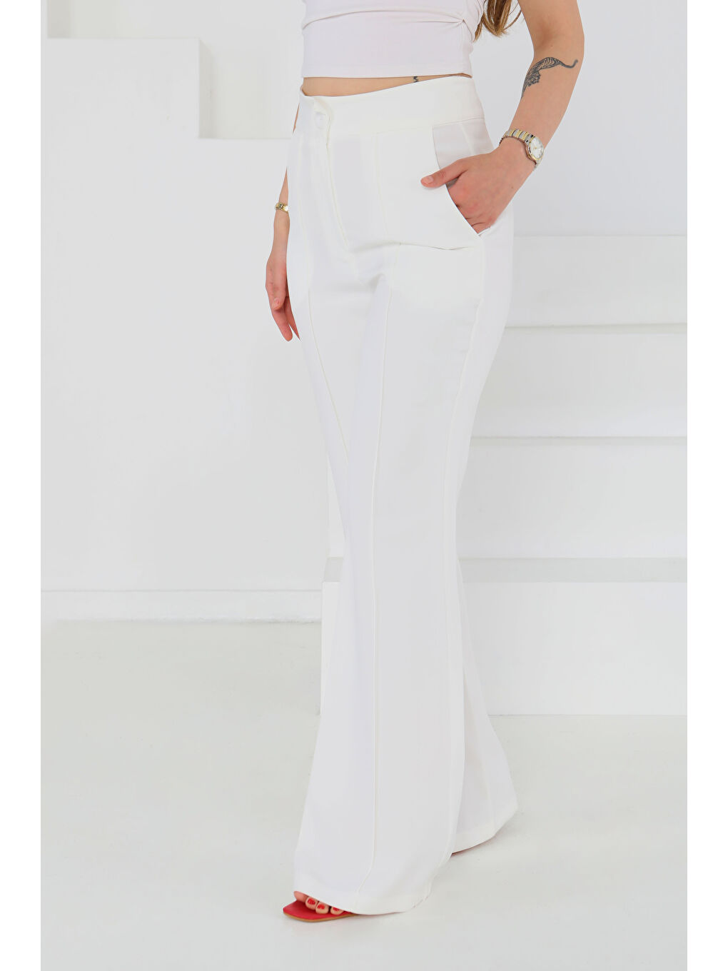 Çımalı Kumaş Pantolon Beyaz - 27247-1