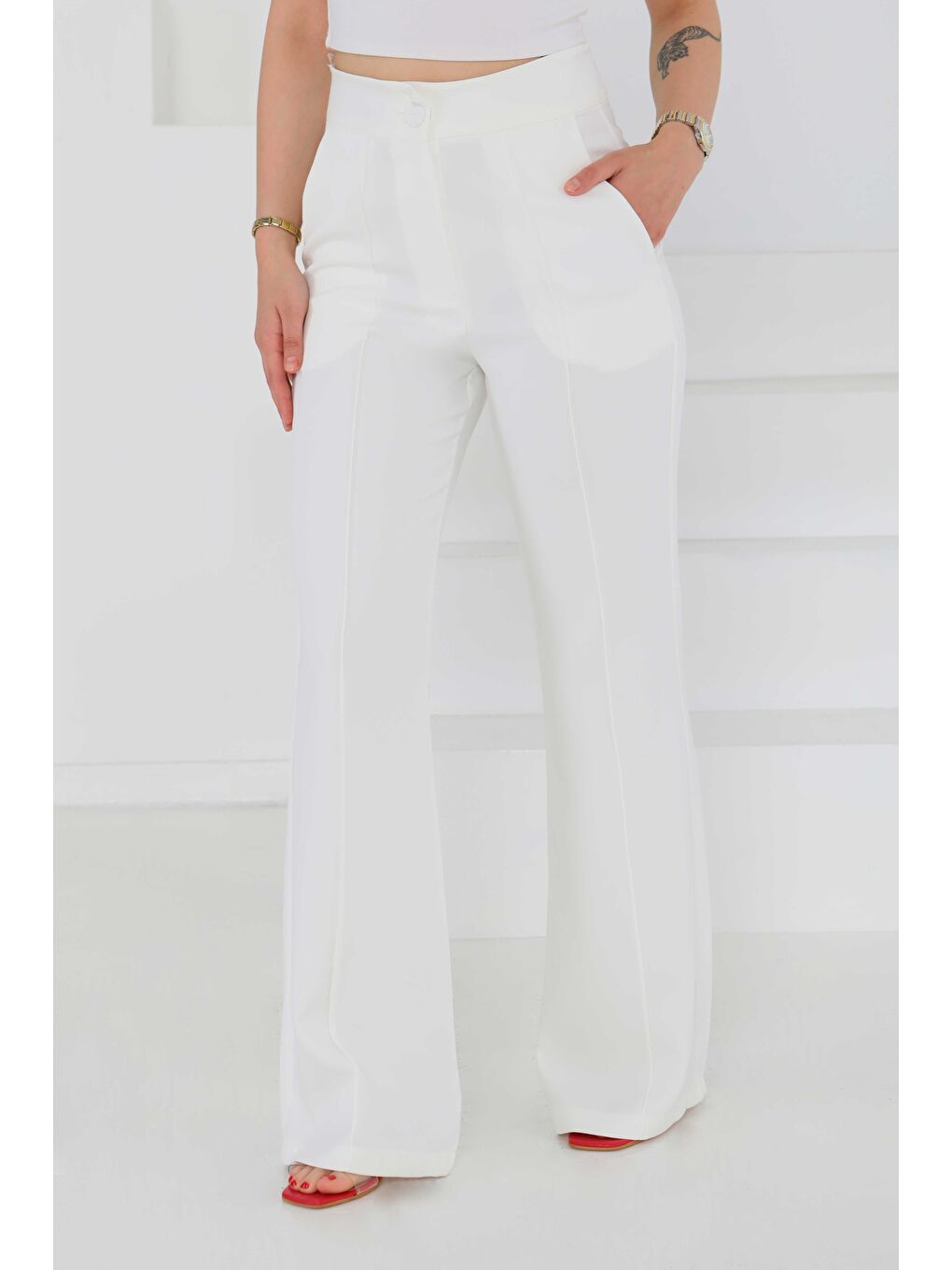Çımalı Kumaş Pantolon Beyaz - 27247-2