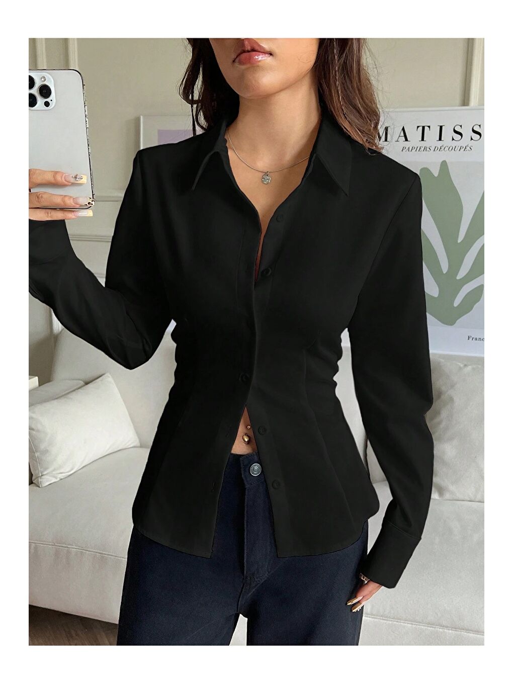 Siyah Kadın Arkası Bağcıklı Gömlek Slim Fit Günlük ve Ofis Kombin Modern Tasarım-5