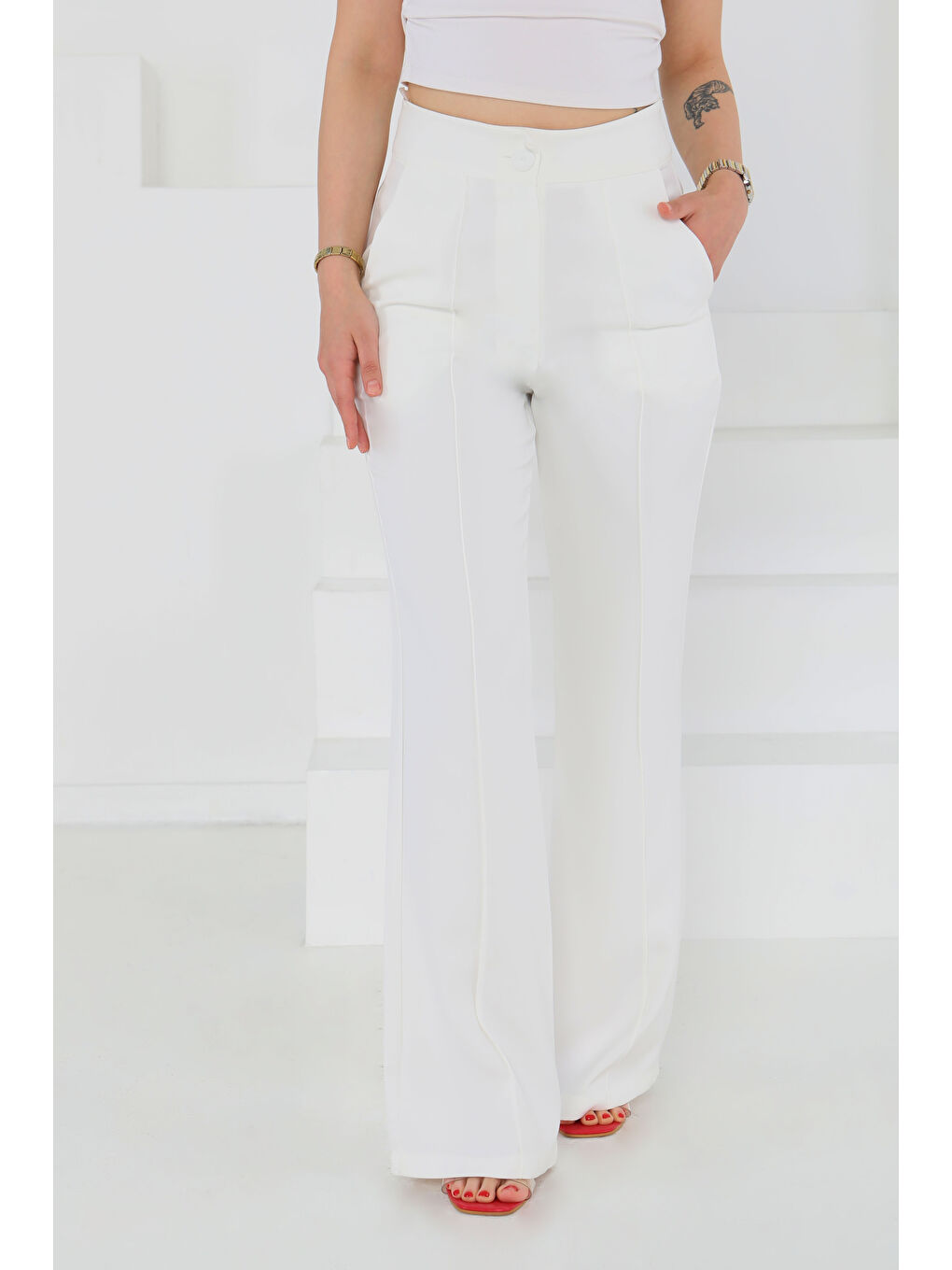 Çımalı Kumaş Pantolon Beyaz - 27247-4