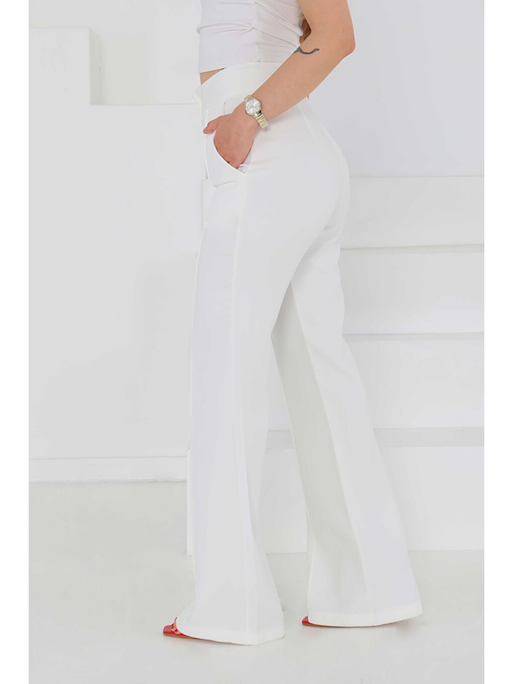 Çımalı Kumaş Pantolon Beyaz - 27247-5