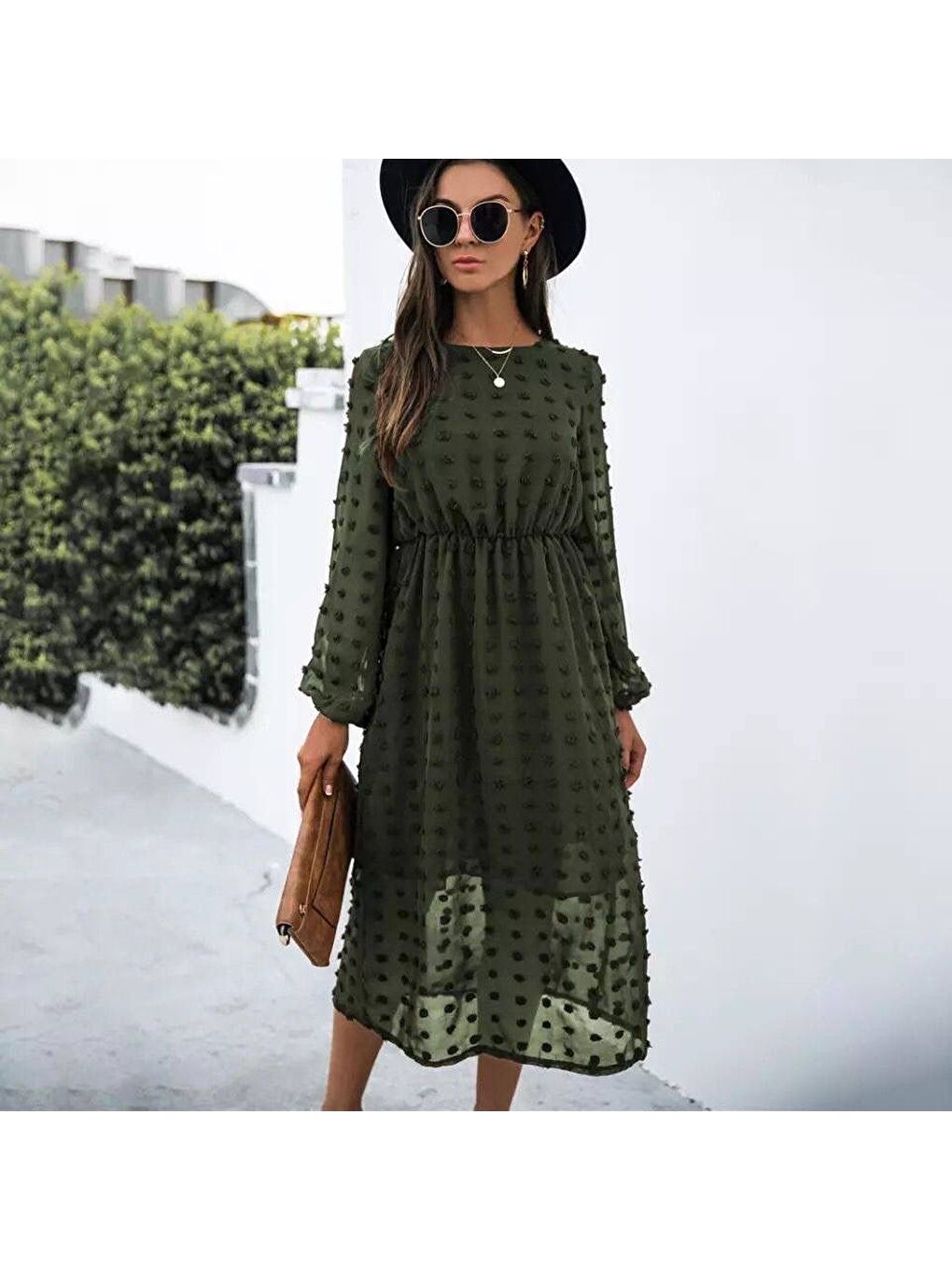 Haki Kadın Uzun Kollu Astar Detay Fırsat ürün Ponpon şifon Elbise-1