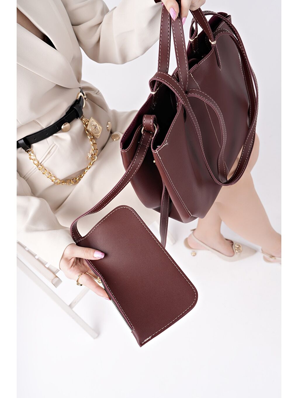 Bordo FARME Kadın Cüzdanlı El ve Omuz Çantası-2