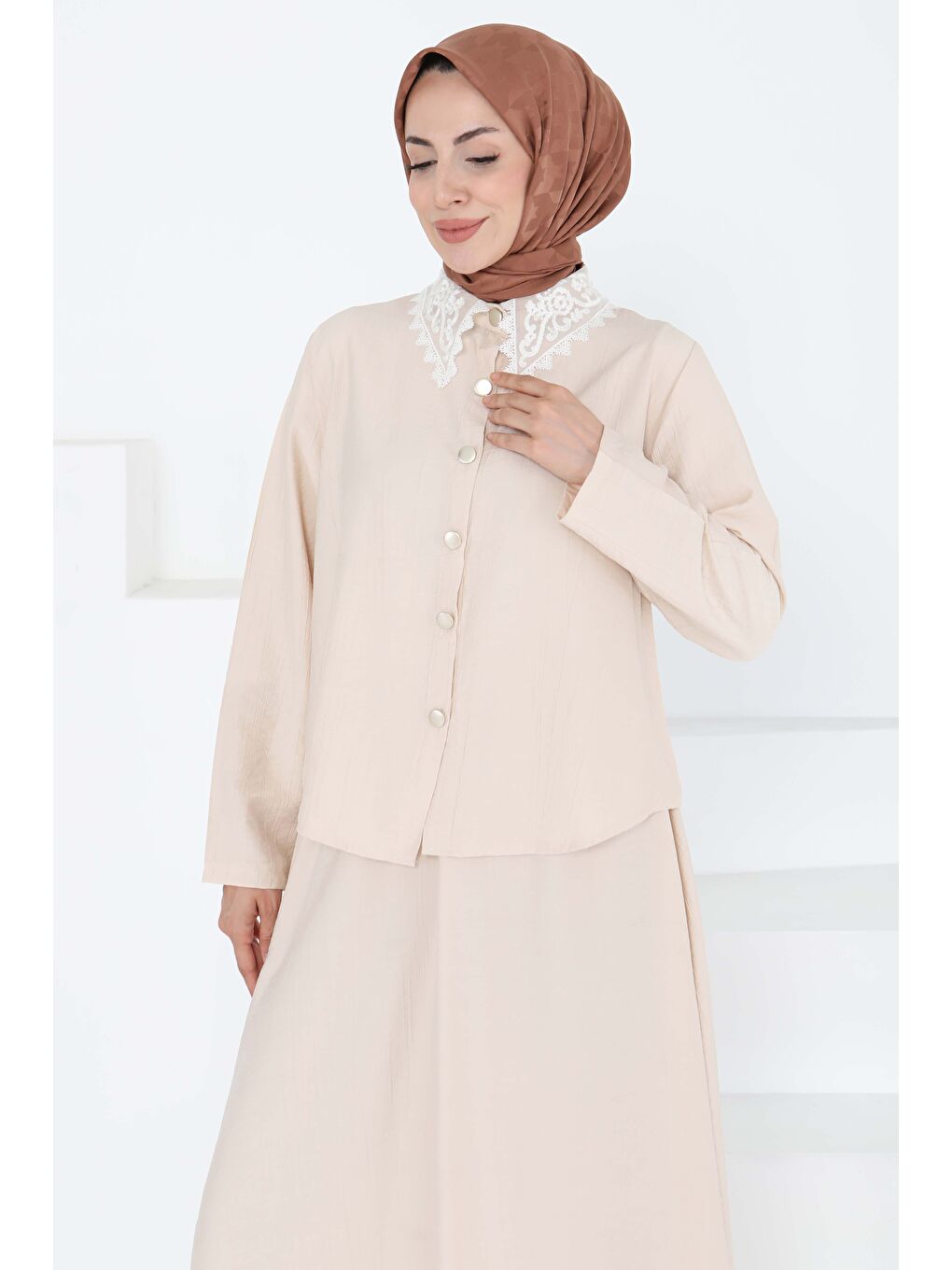 Dantel Yaka İkili Takım Bej - 27179-1