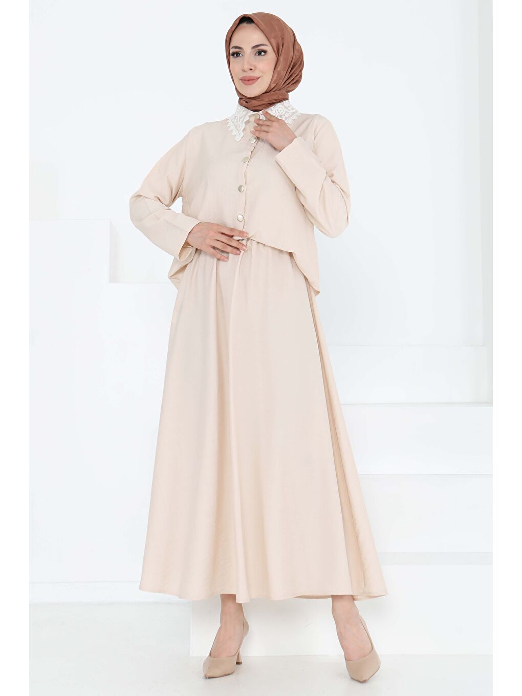 Dantel Yaka İkili Takım Bej - 27179-2