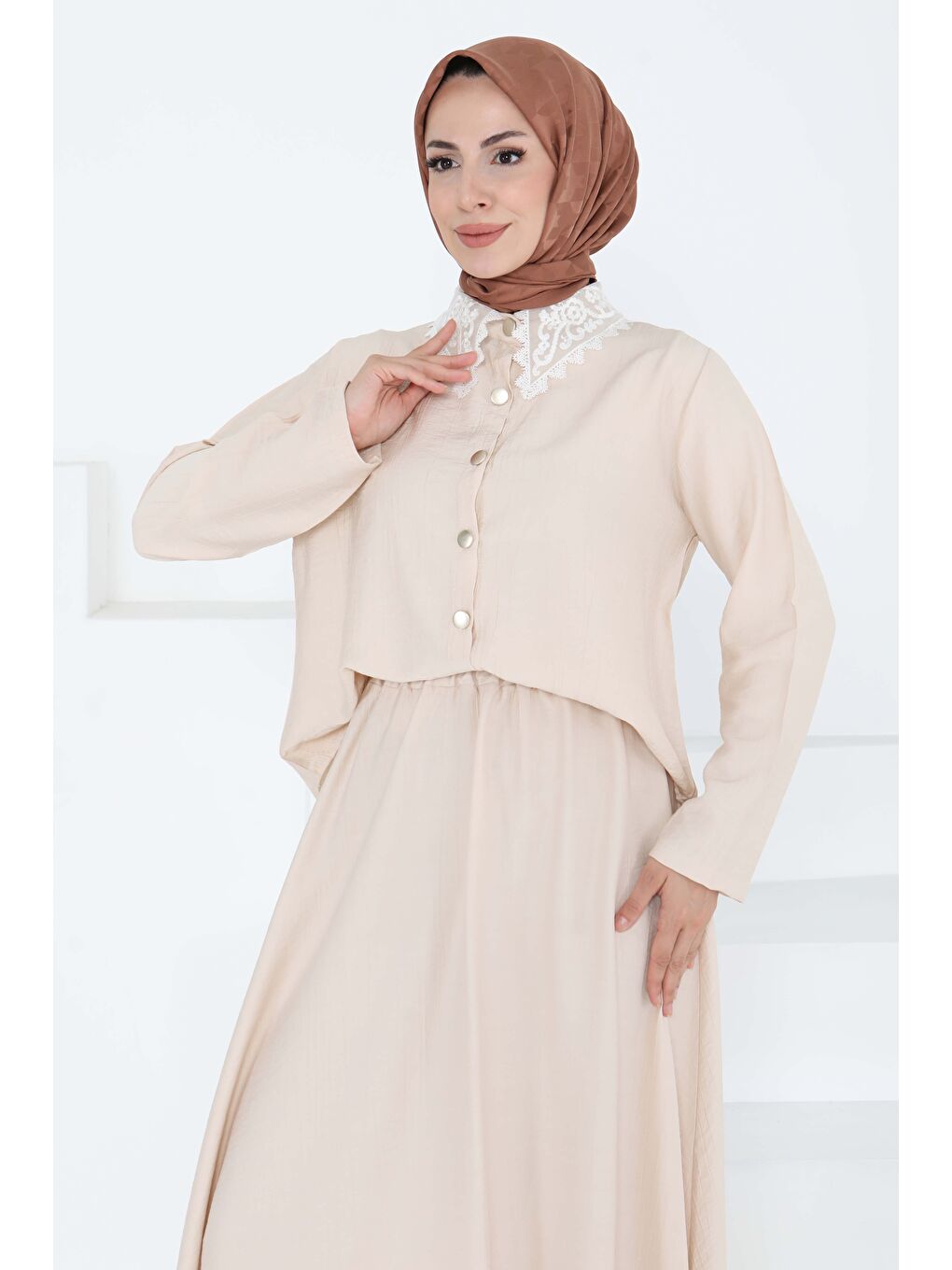 Dantel Yaka İkili Takım Bej - 27179-3
