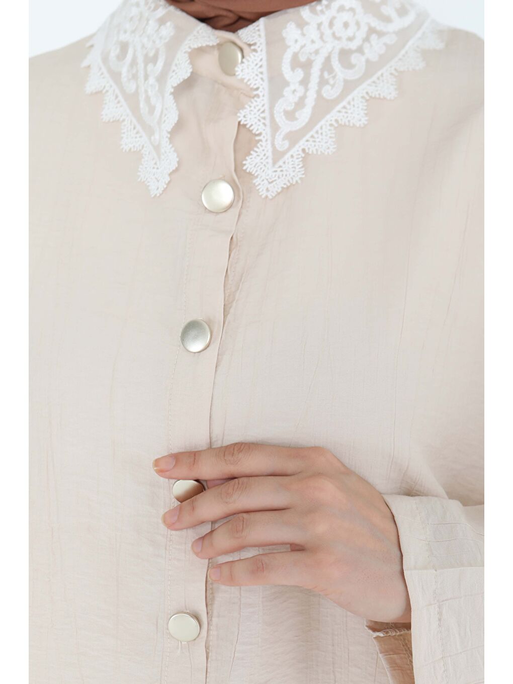 Dantel Yaka İkili Takım Bej - 27179-4