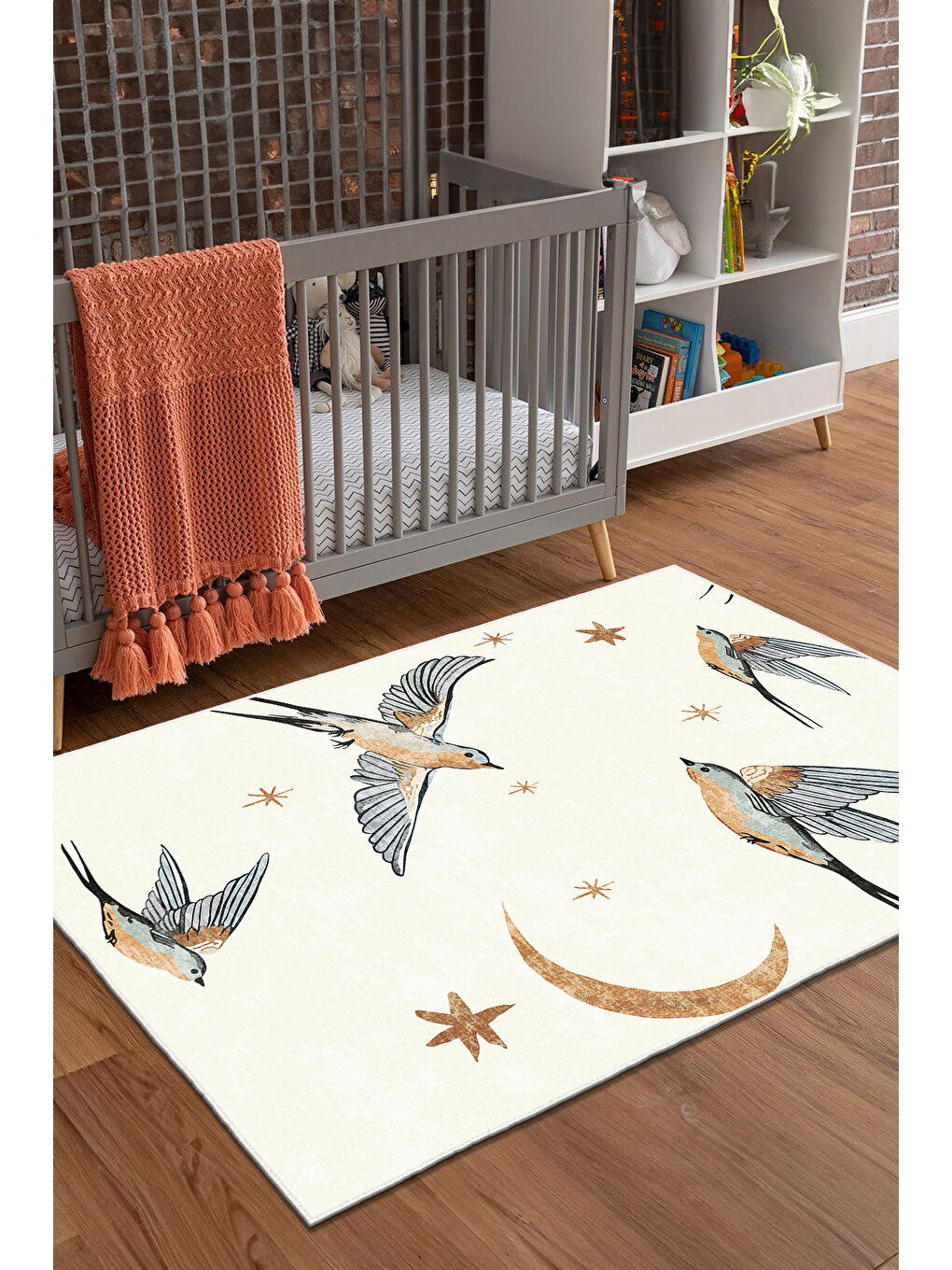 Ekru Dekoratif Özel Tasarım Yıkanabilir İnce Kaymaz Tabanlı Modern Halı KECE FR43-1