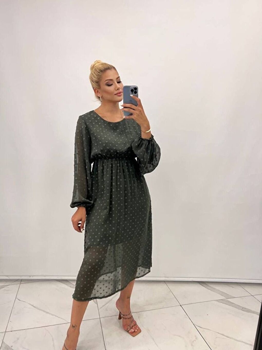 Haki Kadın Uzun Kollu Astar Detay Fırsat ürün Ponpon şifon Elbise-2