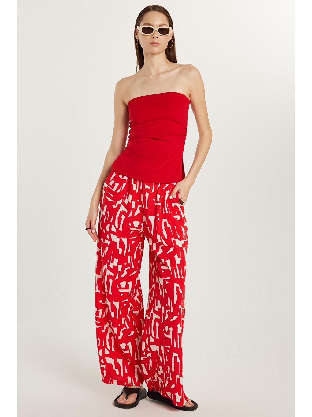 Karışık Kadın Regular Fit Beli Bağcıklı Geniş Paça Baskılı Pantolon-3