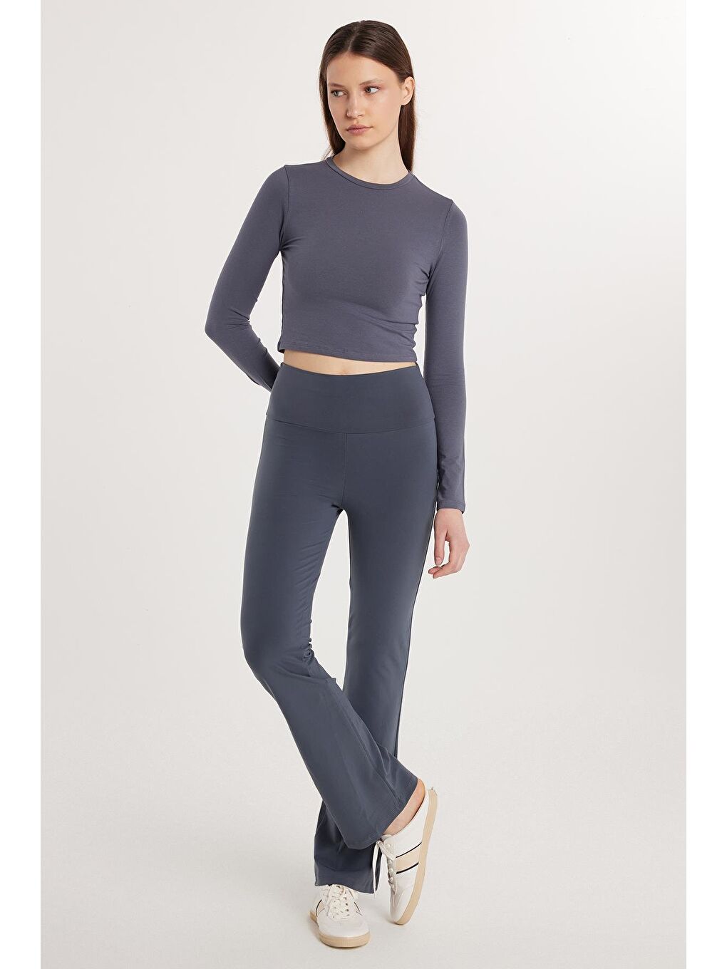 Kadın Slim Fit Dar Kesim Geniş Paça Antrasit Pantolon-2