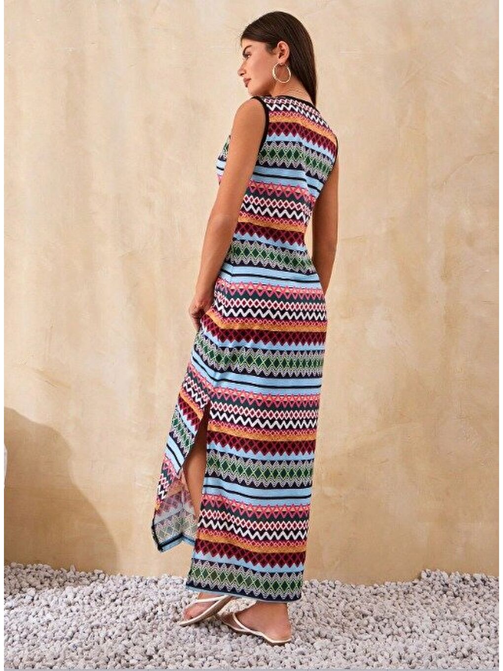 Haki Kadın Bisiklet Yaka Cizgi Desen Süprem Elbise-3