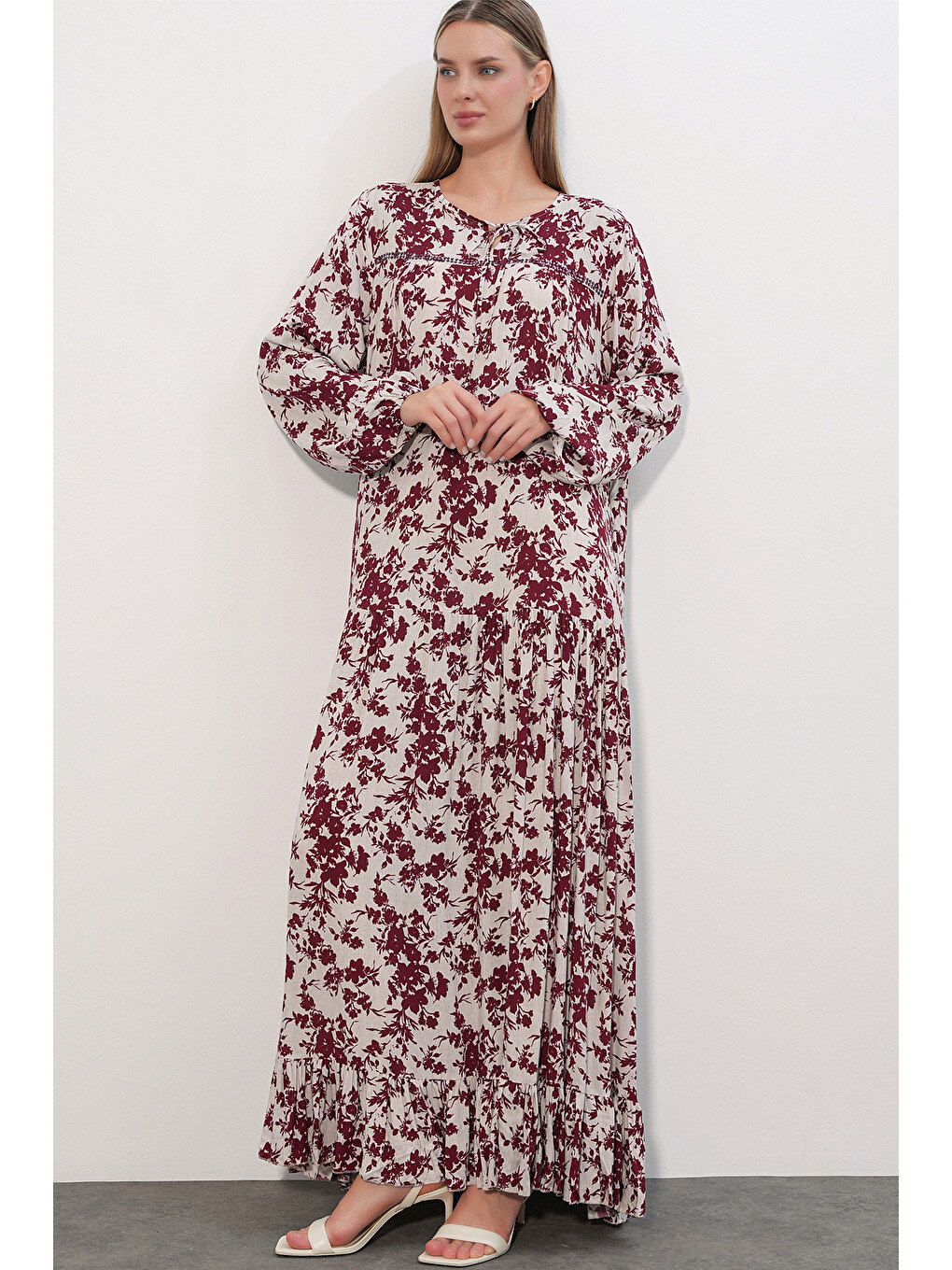 Kadın Desenli Uzun Elbise 2596 - Bordo-1