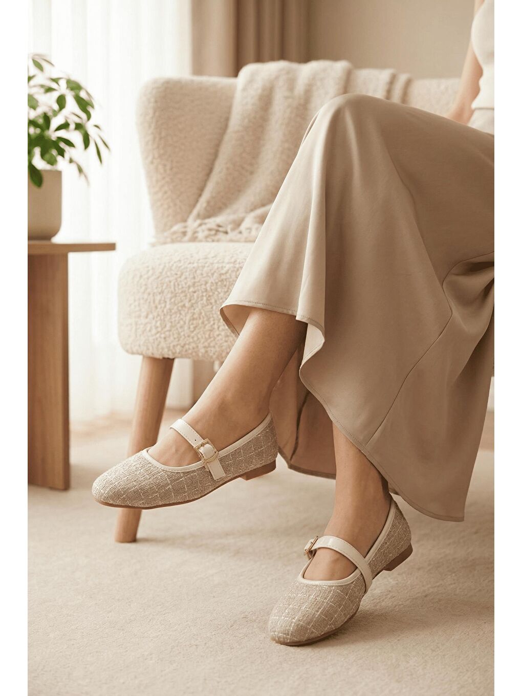 Bej Tweed Dokulu Mary Jane Babet - Klasik Tokalı Zarif Ayakkabı-1