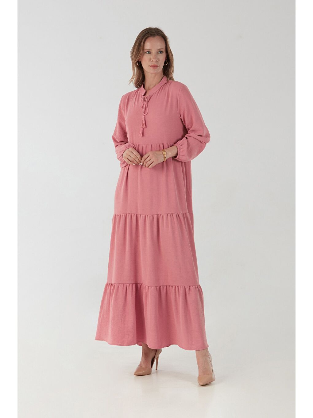 Pembe Fullamodest Yakası Bağlamalı Büyük Beden Elbise