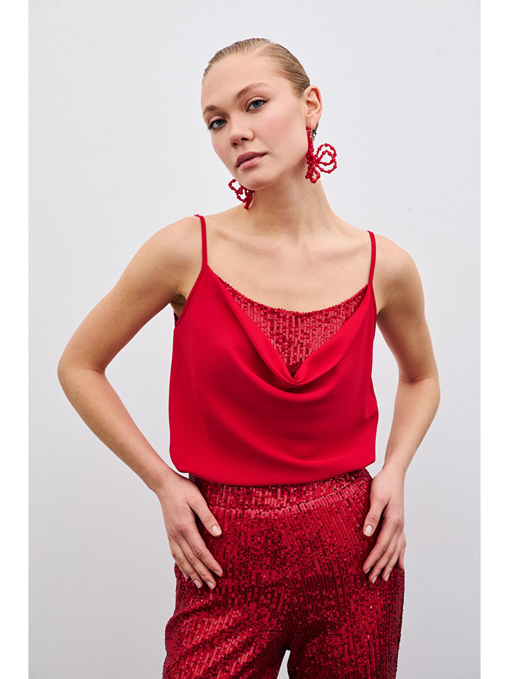 SATEEN Kirmizi Degaje Yaka Bluz - Kırmızı - 3