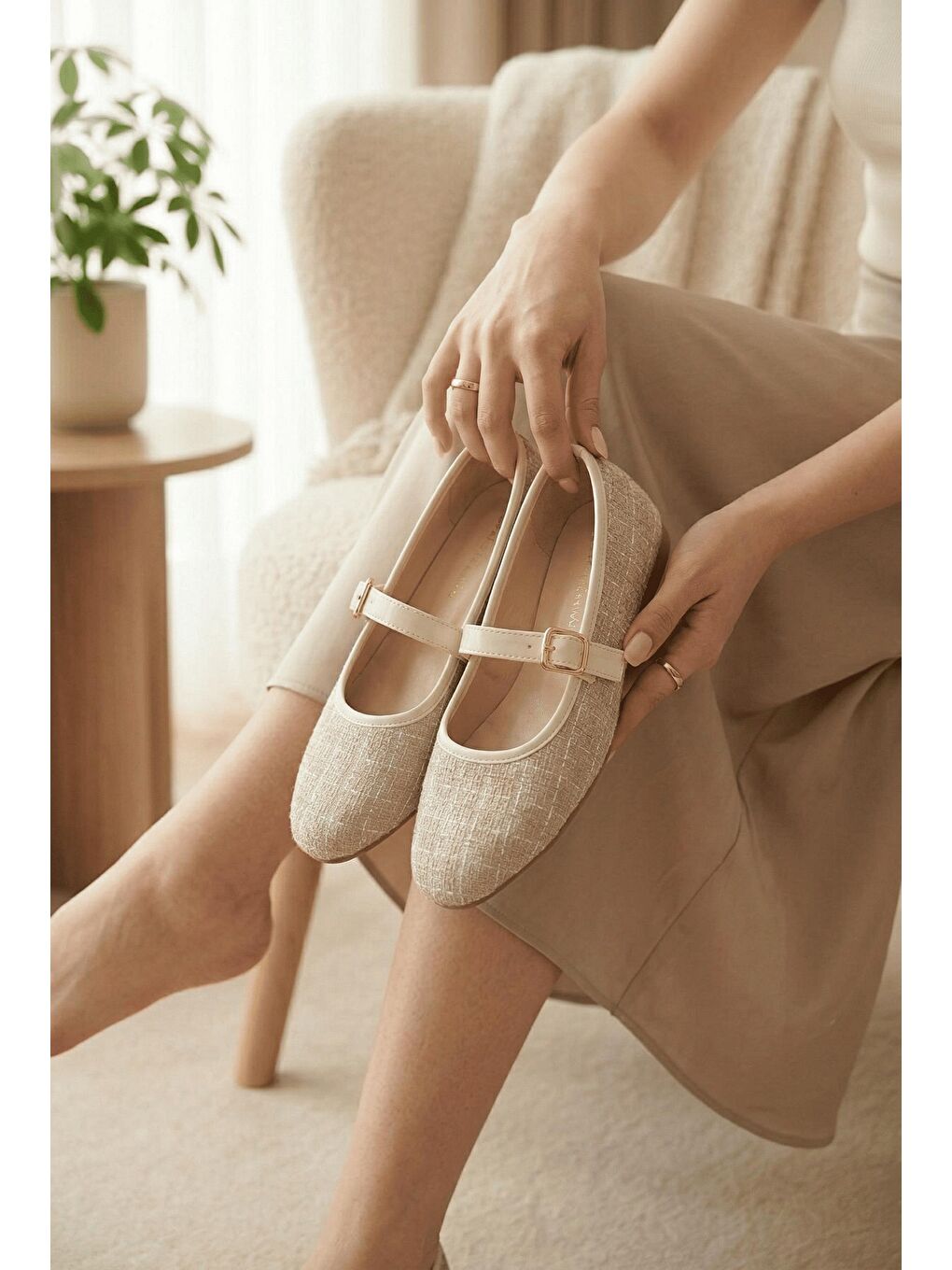 Bej Tweed Dokulu Mary Jane Babet - Klasik Tokalı Zarif Ayakkabı-2