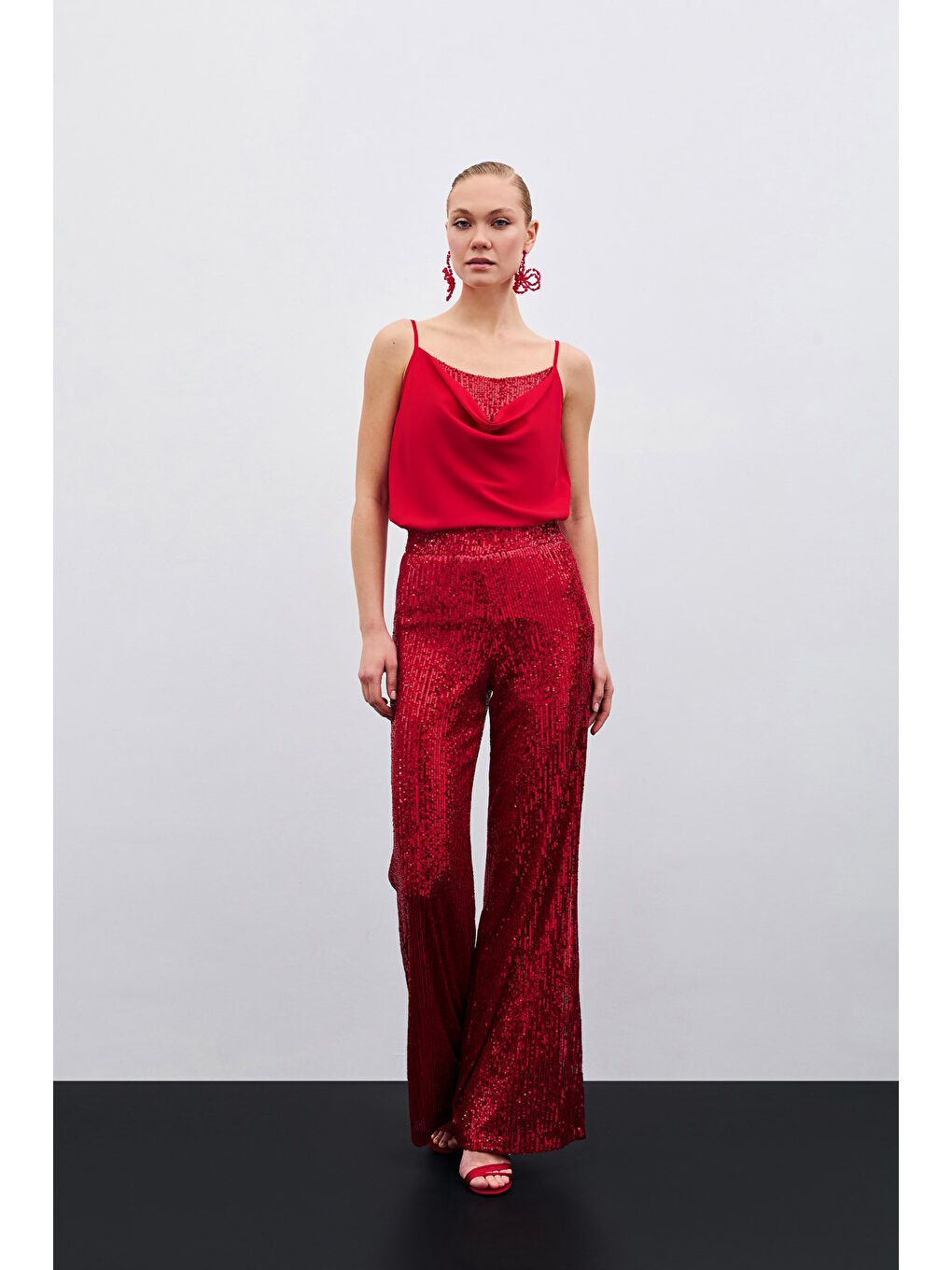 SATEEN Kirmizi Degaje Yaka Bluz - Kırmızı - 4
