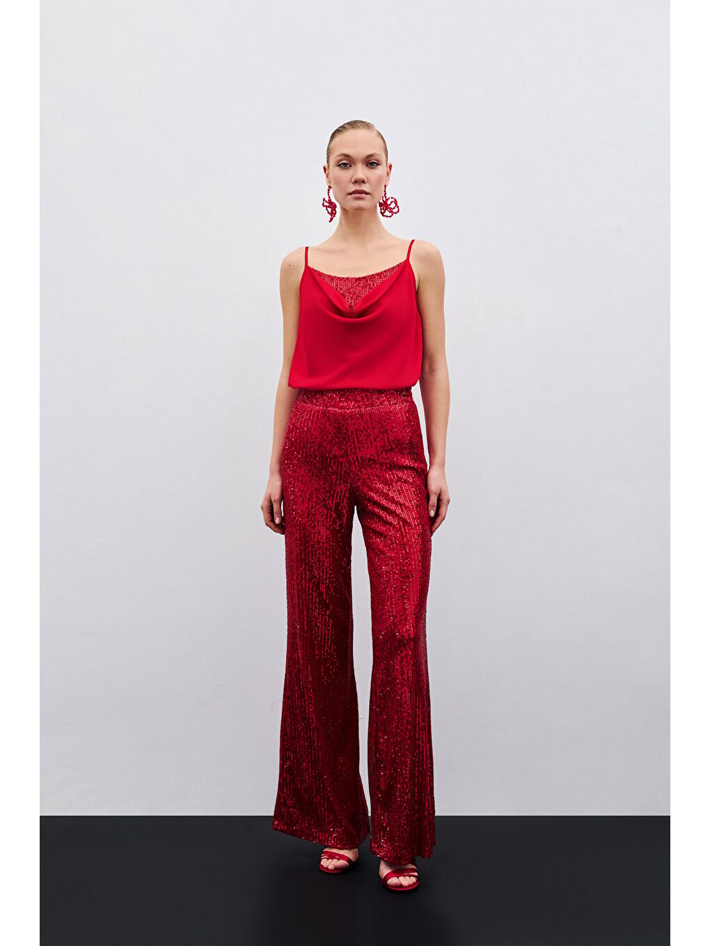 SATEEN Kirmizi Degaje Yaka Bluz - Kırmızı - 5