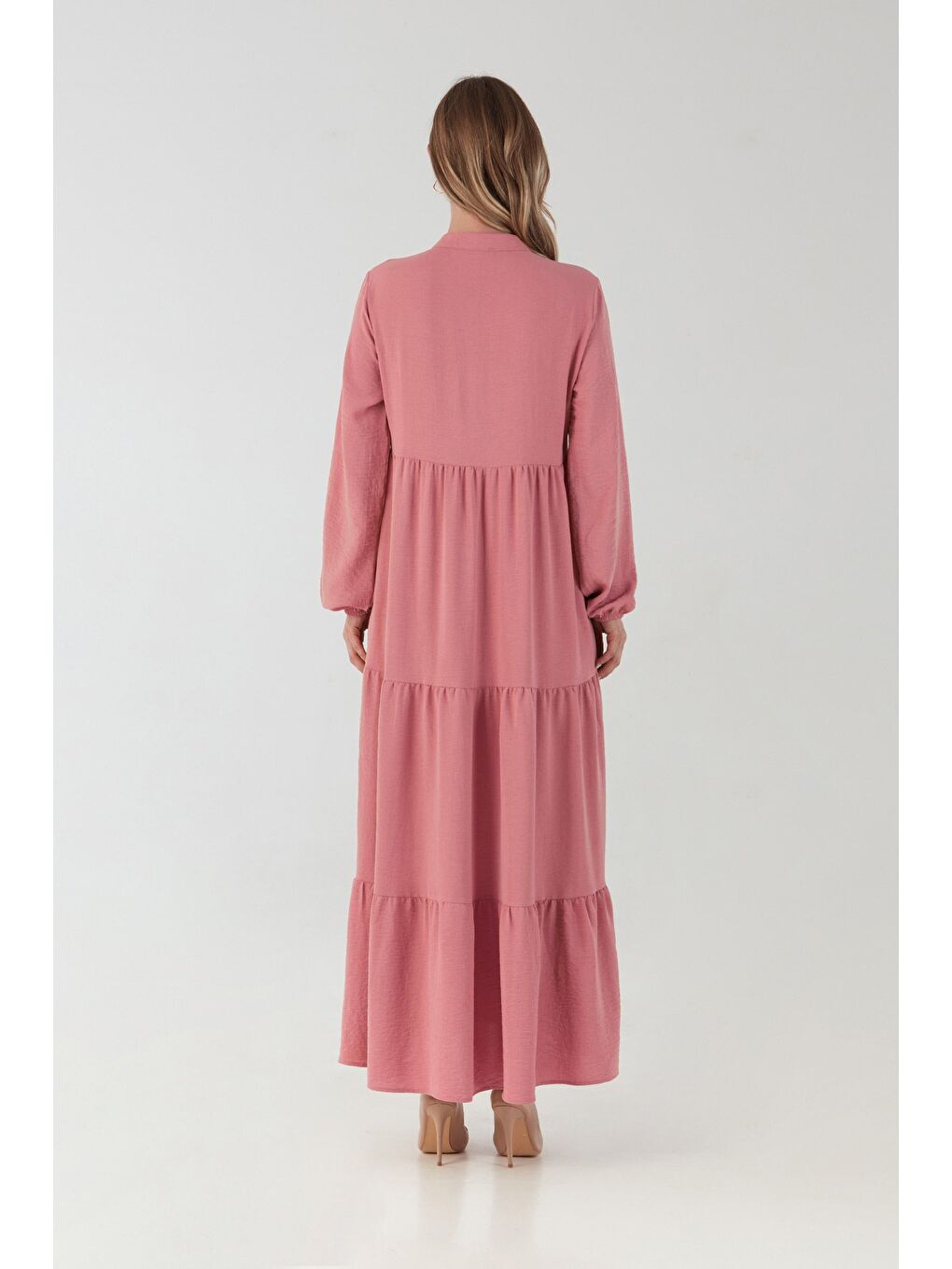 Pembe Fullamodest Yakası Bağlamalı Büyük Beden Elbise-3